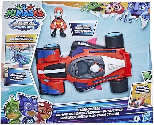 PJ Masks Animal Power Flash Cruiser, auto de juguete de conversión con luces, sonidos y figura de acción, juguetes de superhéroe, juguetes