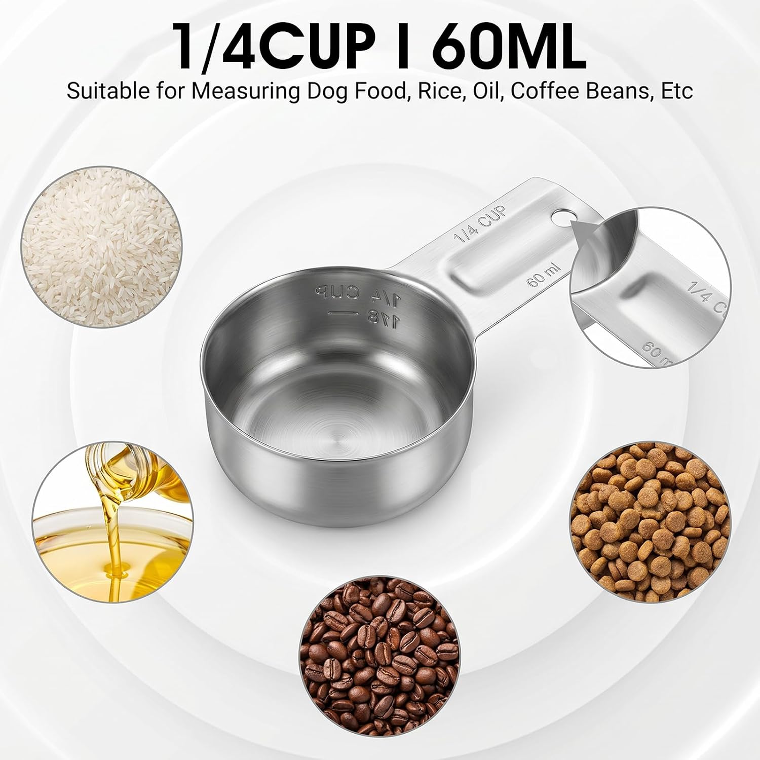 2 Pcs 1/4 Cup Scoop, 1/4Cup Measuring Cup (60ml, 2oz) Stainless Steel Metal Measuring Cups for Coffee Flour Rice Dog Cat Pet Food Wet and Dry Ingredients, Dishwasher Safe