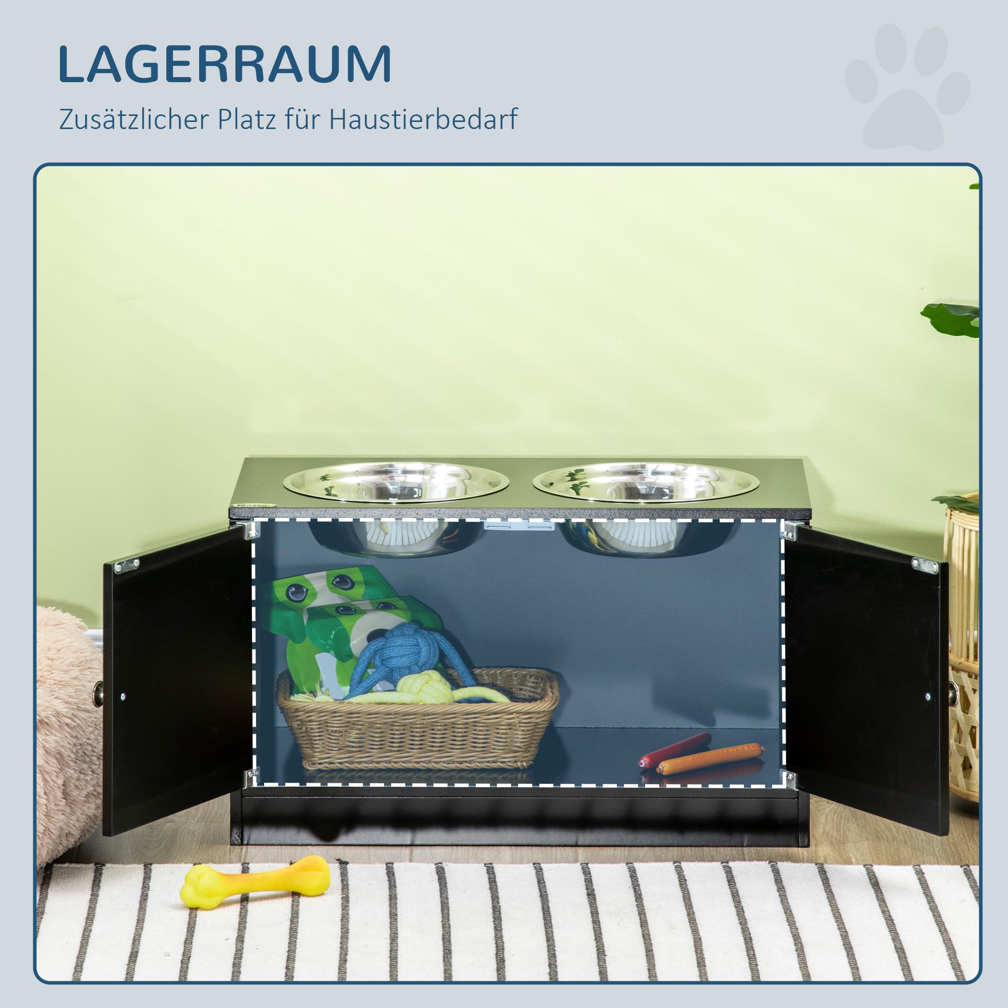 Comederos para Perros PawHut, comedero Elevado con 2 comederos de Acero Inoxidable, Soporte para comederos de Perros con Espacio de Almacenamiento de 44 litros, Puertas magnéticas, comedero, Bebedero | Comedero de agua, 2 cuencos de acero inoxidable de 20