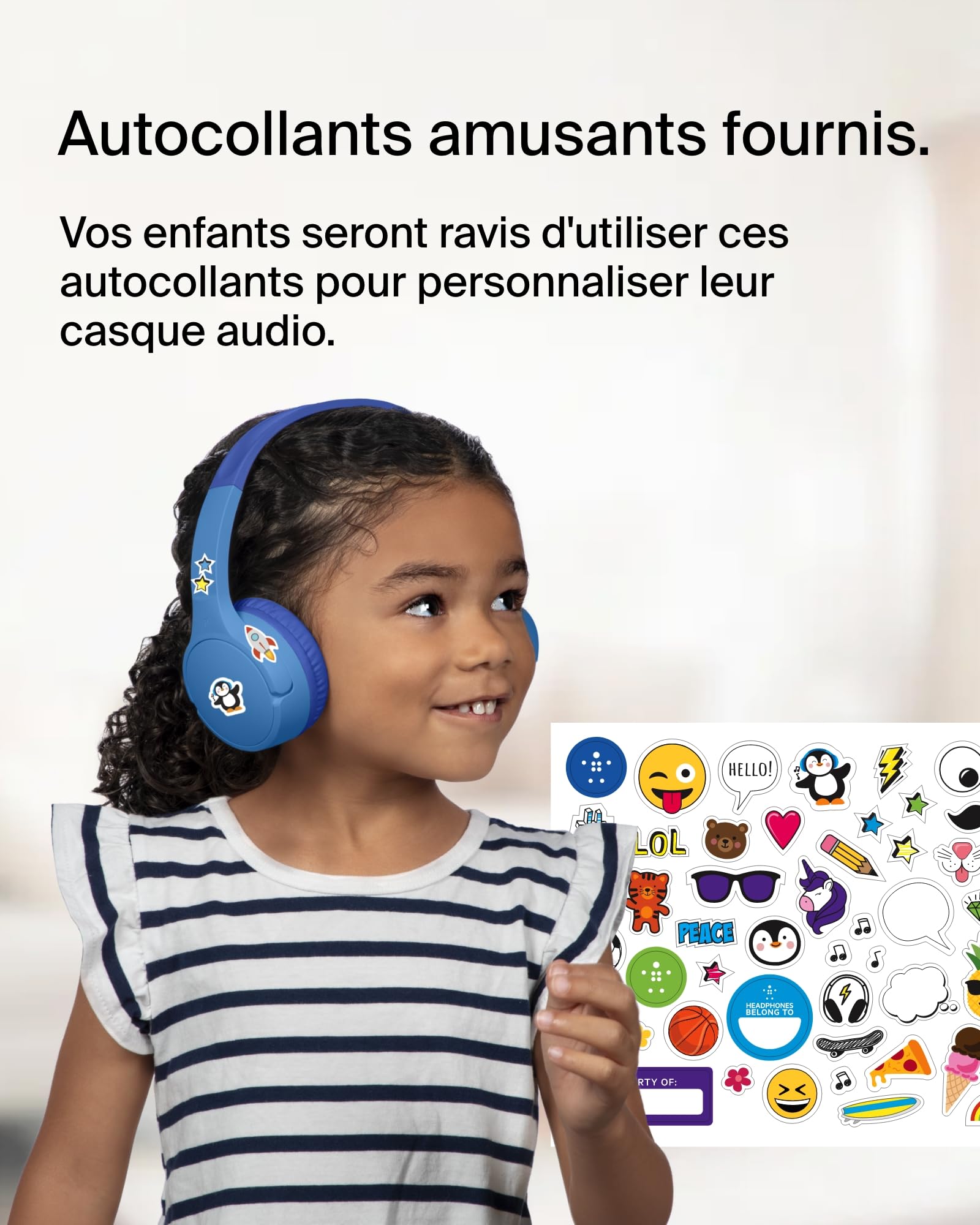 Belkin SoundForm Mini Casque Audio sans Fil pour Enfants avec Micro intégré (Circum-aural, autonomie de 30 h, pour Apprentissage, Voyages, Autocollants Amusants, pour iPhone, iPad, Galaxy) - Bleu