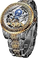 FORSINING Retro Men's Skeleton Automatic Watch: Carved Tattoo Dial, Tourbillon, Moon Phase, Self-Wind Mechanical Big Face Wristwatch