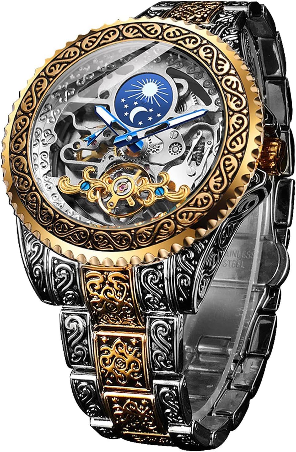 Retro Watch for Men Carved Self-Wind Mechanical Tattoo Tourbillon Moon Phase Independent Seconds Skeleton Automatic Big Dial Wrist Watches
