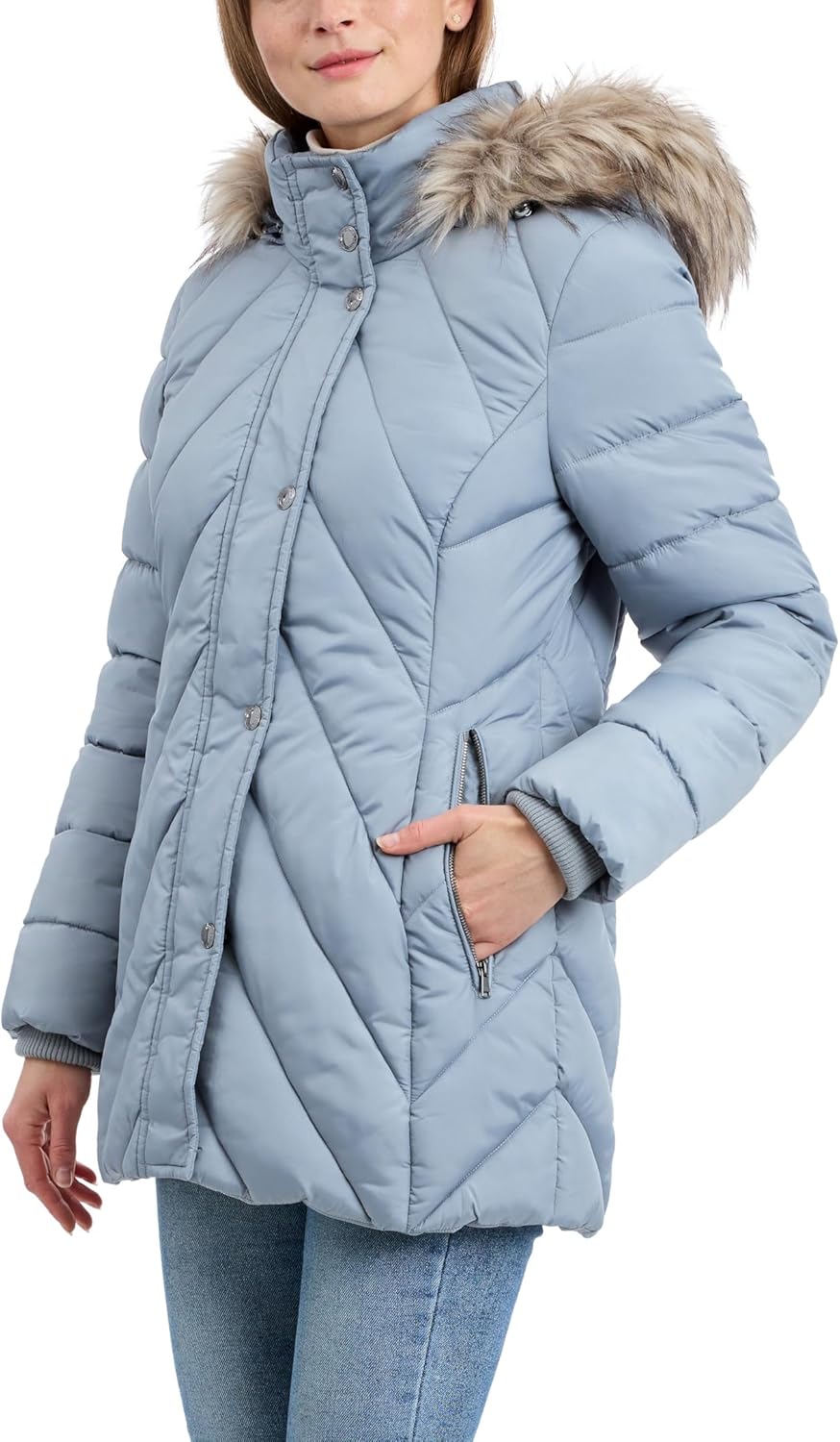 LONDON FOG womens Heavyweight Chevron Puffer Hooded Coat - Image 4