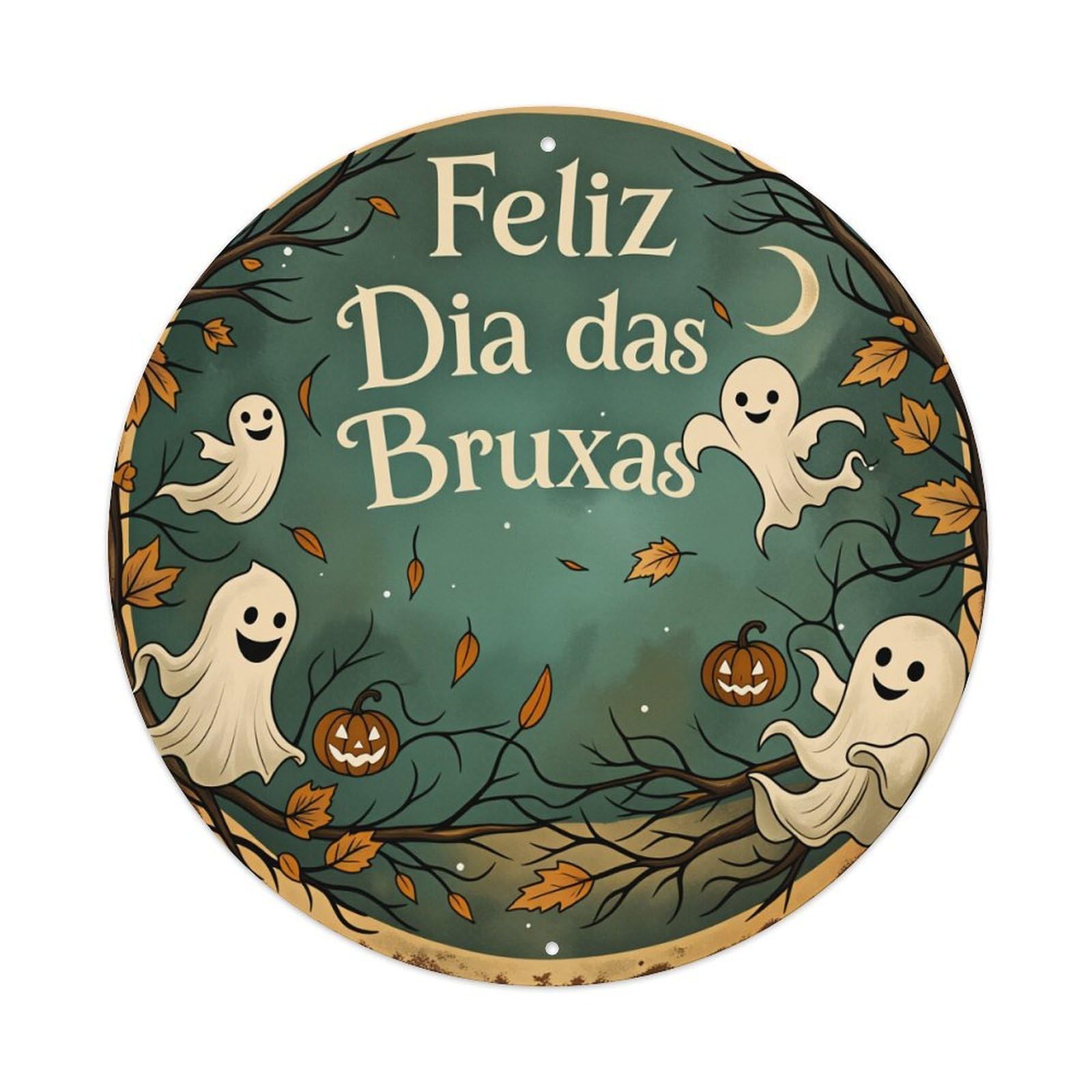 Ghost Pumpkin Moon Leaves Branch Round Tin Sign Vintage Style Metal Sign Home Bar Garden Wall Plaque Decor Metal Poster 8x8 Inch