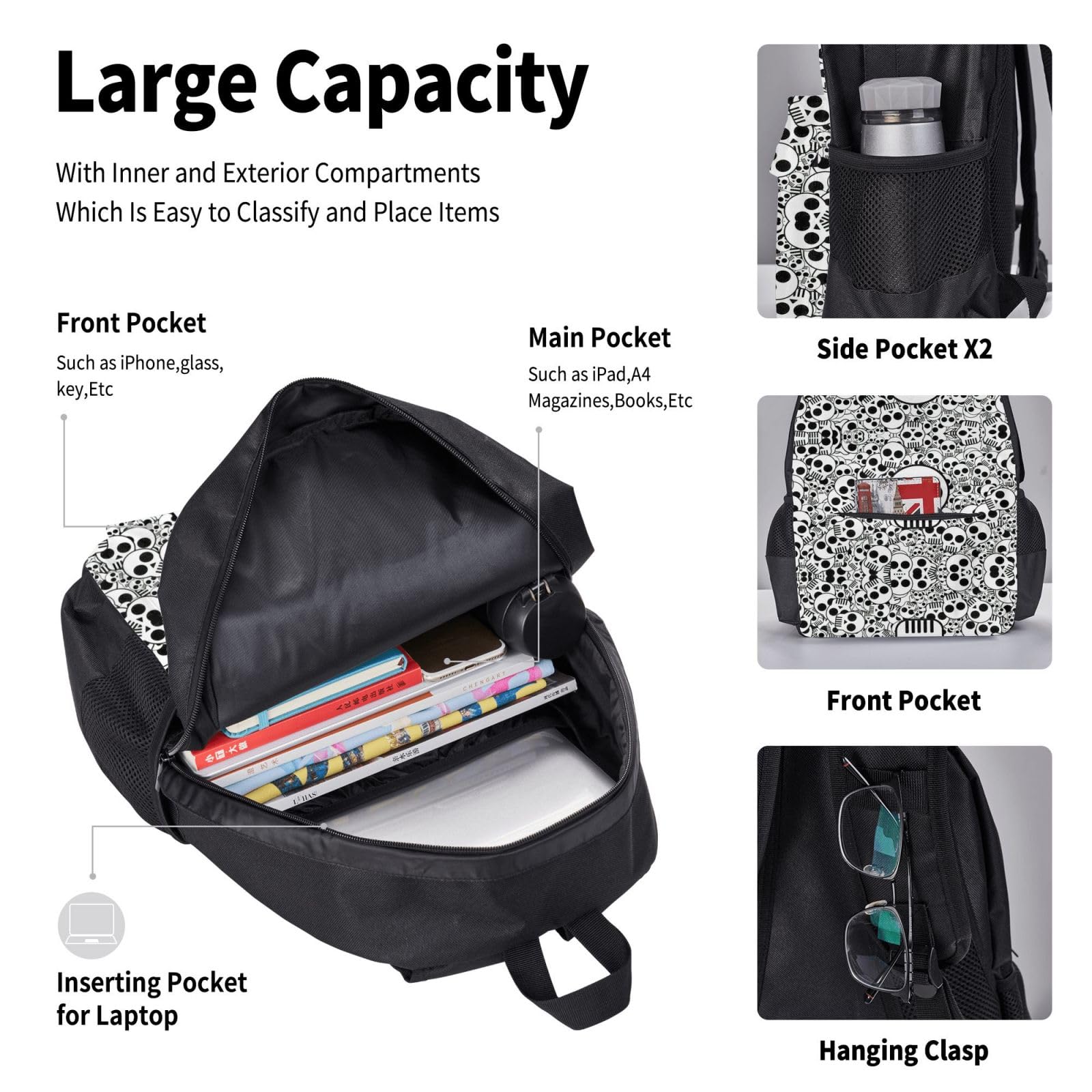 Juego de 3 mochilas escolares con estampado de calaveras en blanco y negro, mochila para laptop de gran capacidad resistente al agua con bolsa de almuerzo aislada y estuche para lápices para