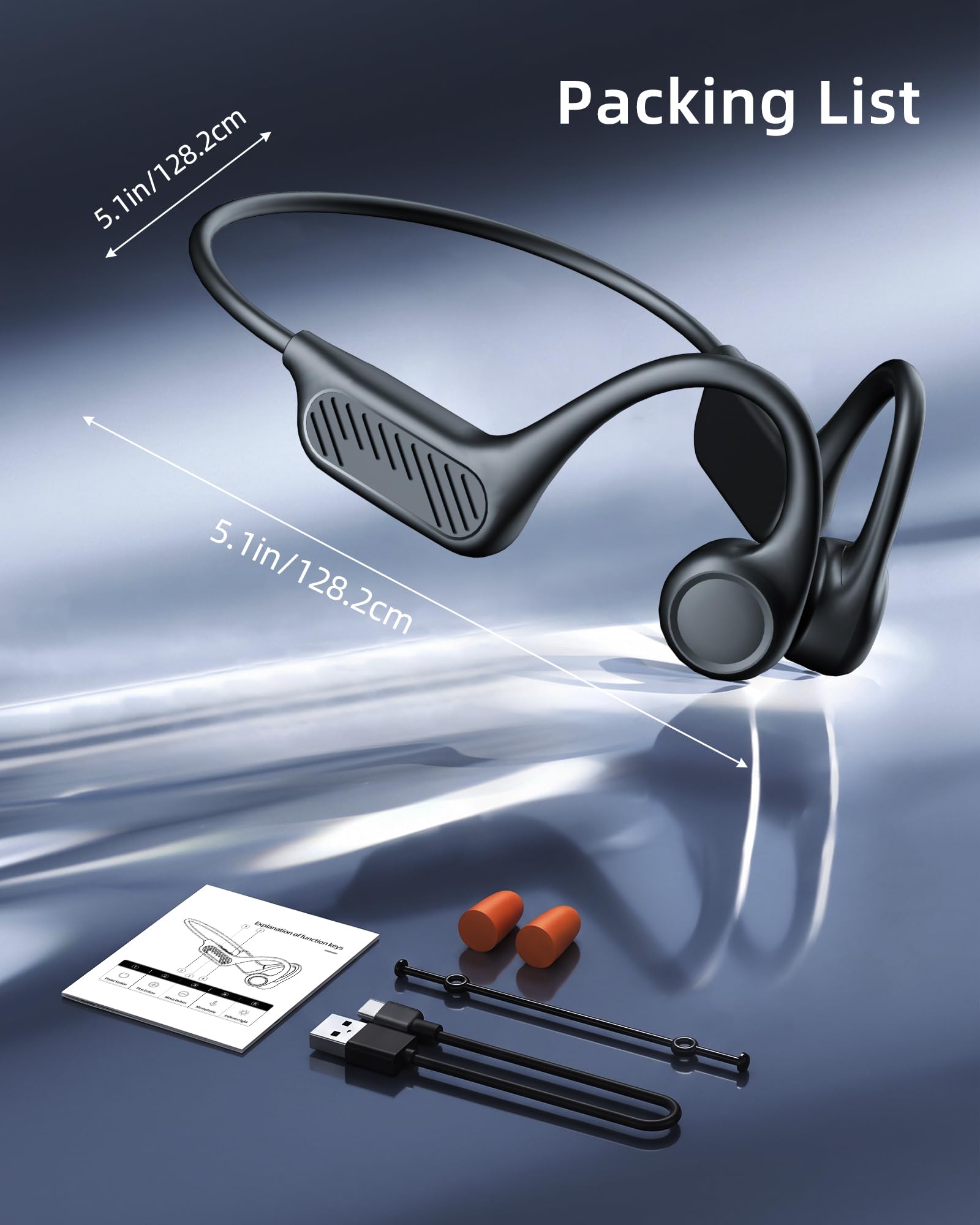Casque à conduction osseuse, Bluetooth 6.0, casque de sport sans fil avec 10 heures de lecture, confort léger, étanchéité IP54, pour cyclisme, gym, course à pied (noir)