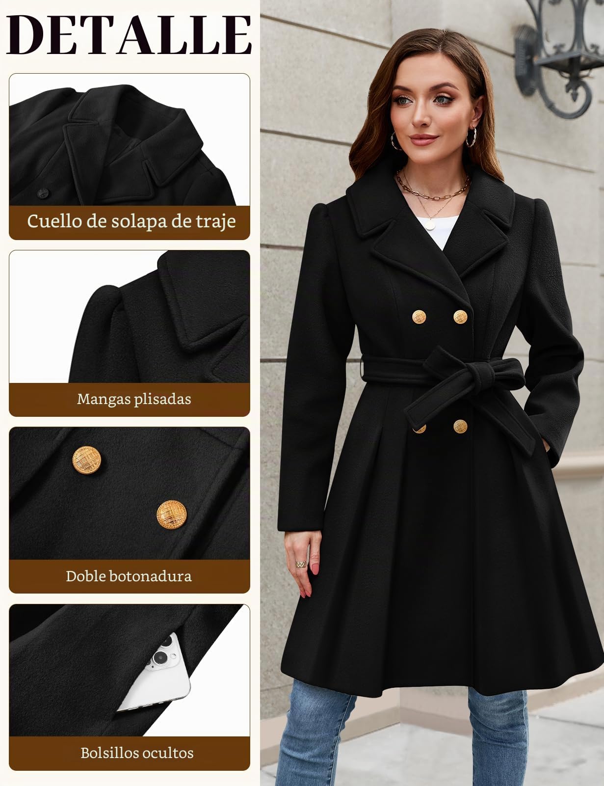 Abrigo Lana Mujer Invierno Elegante Abrigos Paño Largo Chaqueta Entretiempo Gabardina Moda Tench Coat con Botones