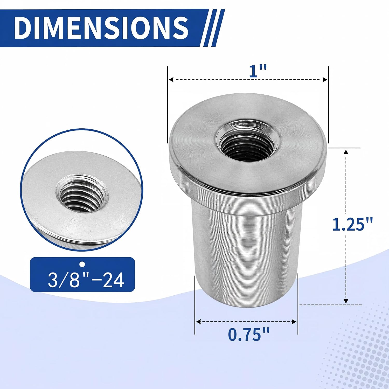 Weld-On Nut 3/8"-24 Thread Long Threaded Stepped Bung Female Weld Nut Steel Chassis Mount Tab Pack of 4