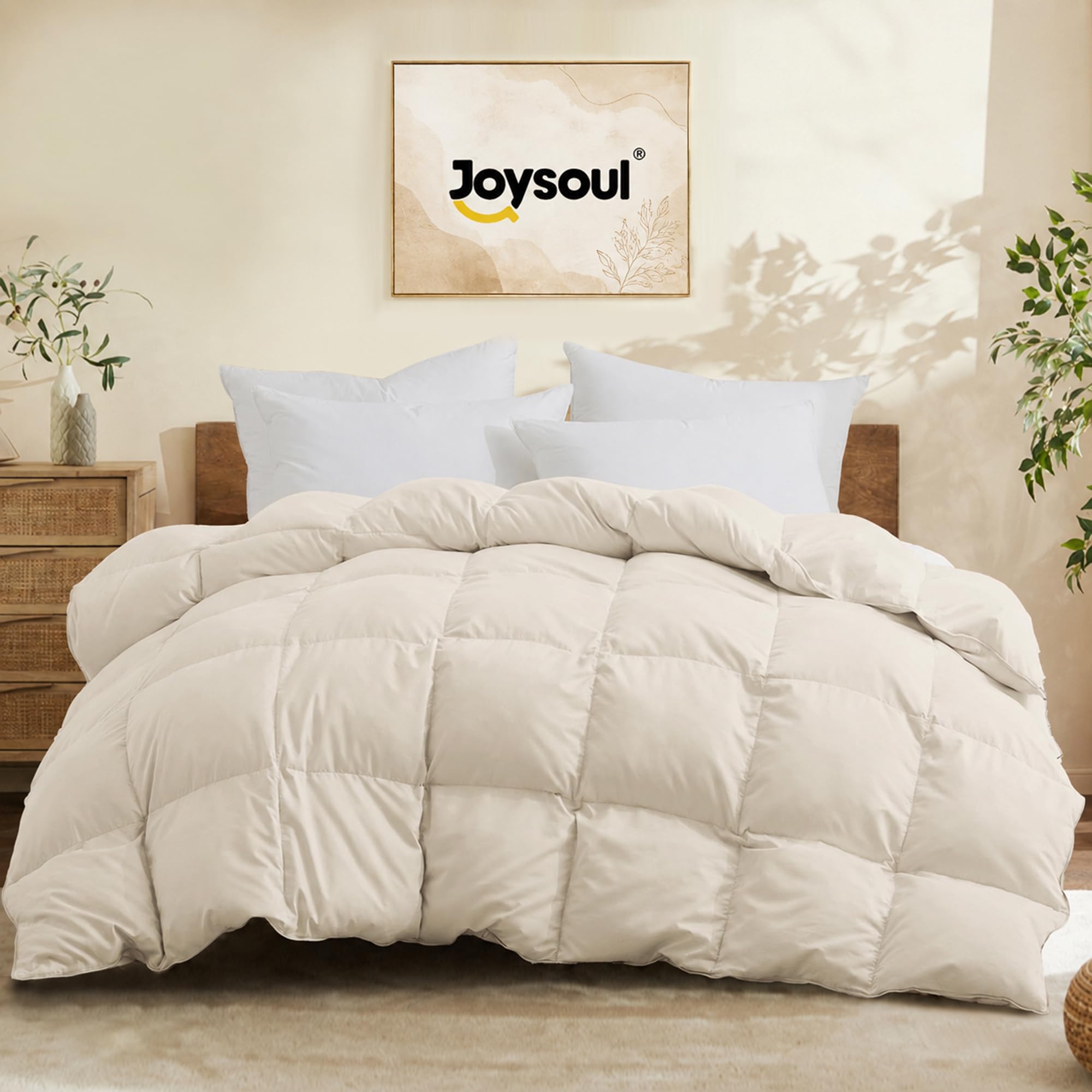 joysoul queen size down comforter - all season ultra soft goose down & feather fiber fill, luxury hotel cream duvet insert with corner tabs (88" x 88")