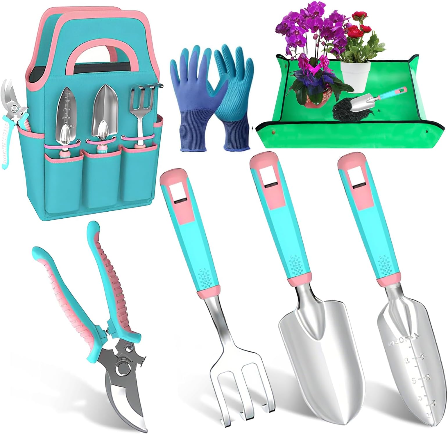 Garden Tool Set, 7 Pieces Garden Hand Tools, Rust Vision Gardening Set with Durable Storage Bag, Ergonomic Non-Slip Handle Garden Tools (Peacock Blue