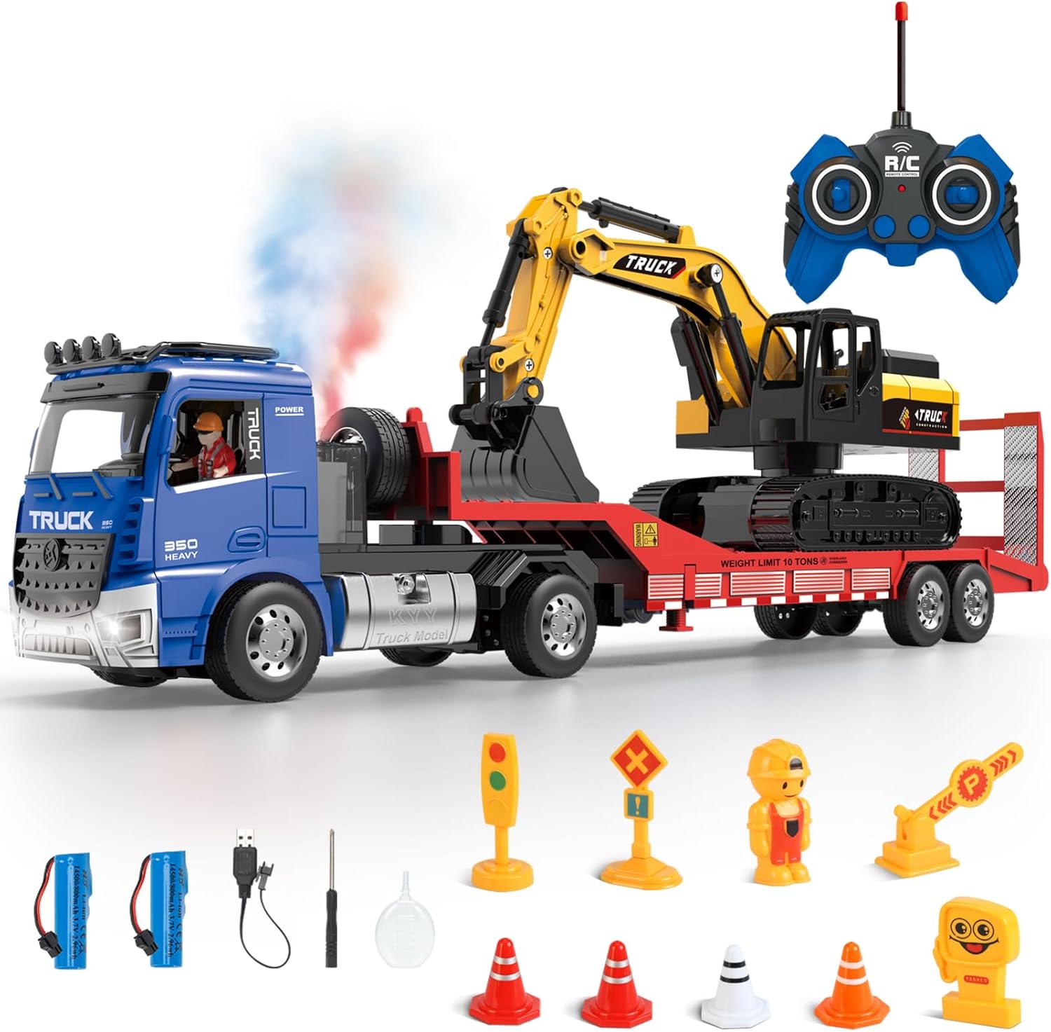 Fistone RC Semi-Trailer Truck & Friction Powered Excavator Toy Set, 1:24 Scale with Sound and Lights, 6 CH Remote Control Flatbed Truck and Inertia-Powered Excavator Toys for Kids Boys, Blue