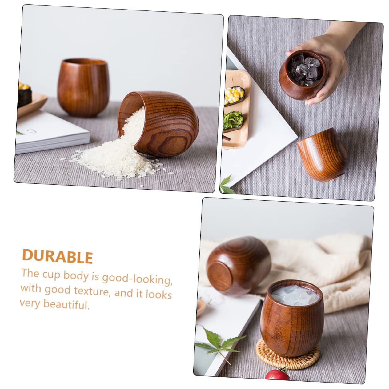 BRIGHTFUFU Set of 3 Natural Wooden Sake Cups Reusable Drinking Cups for Tea Water