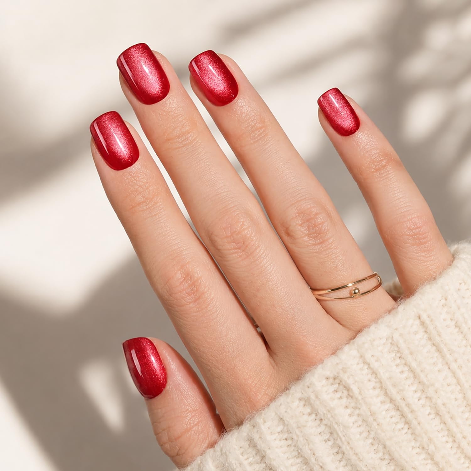 Red Cat Eye Press On Nails Square- Red Short Square Fake Nails