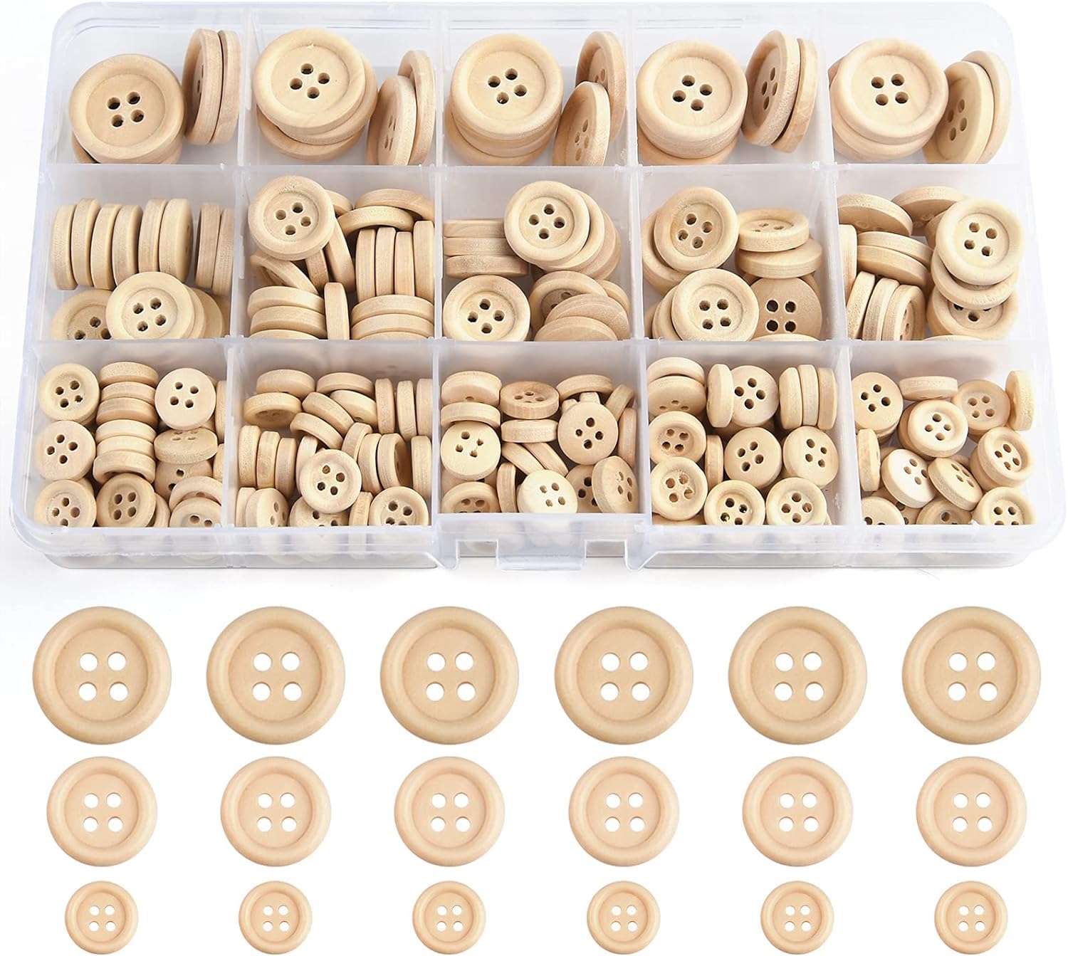 255 PCS Wooden Buttons Mixed Size Natural Wooden Round Shape Button for Sewing Craft Decorations 10mm 15mm 20mm
