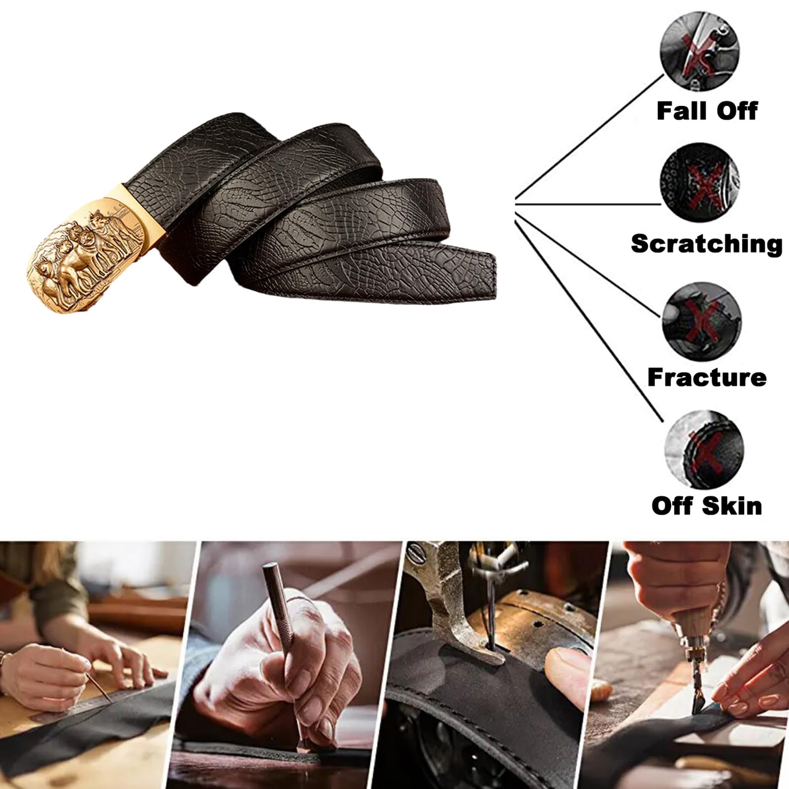 Cinturón De Trinquete Deslizante Con Relieve Cocodrilo, Hecho A Mano, Hebilla Automática Ajustable, Piel Vaca Neutra, For Ocasiones Informales Y Formales