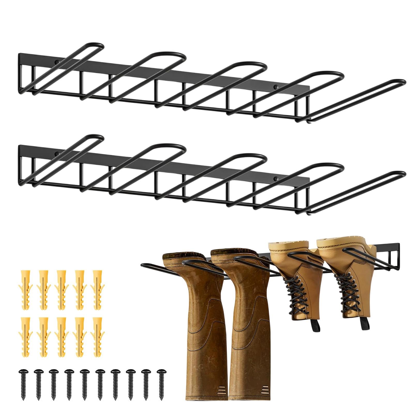 Support Mural Pour 2 Paires de Bottes - Porte-bottes de Rangement Pour Entrée, Garage, Vestiaire, Extérieur et Intérieur (Noir)