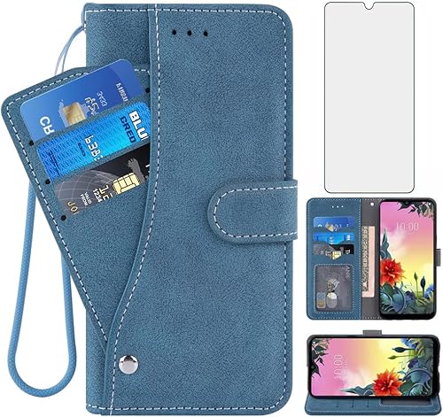 Asuwish Compatible con LG K50Q60X6K12 MAX - Funda tipo cartera y protector de pantalla de vidrio templado, funda abatible para tarjetas de crédito,