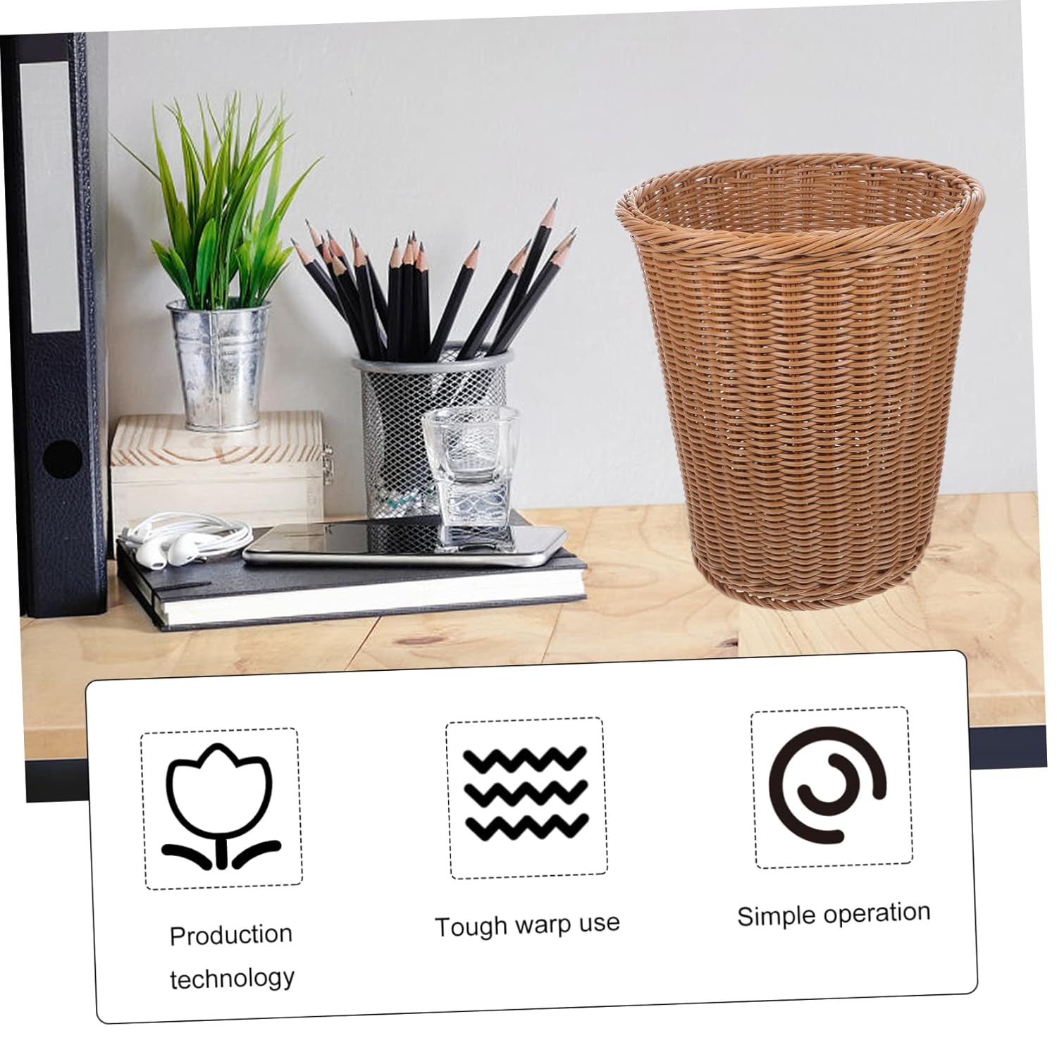 Home Decor Home Decor Waste Basket 1Pc Office Trash Can Simulated Rattan Woven Wastebasket Trash (Beige) Bathroom Office