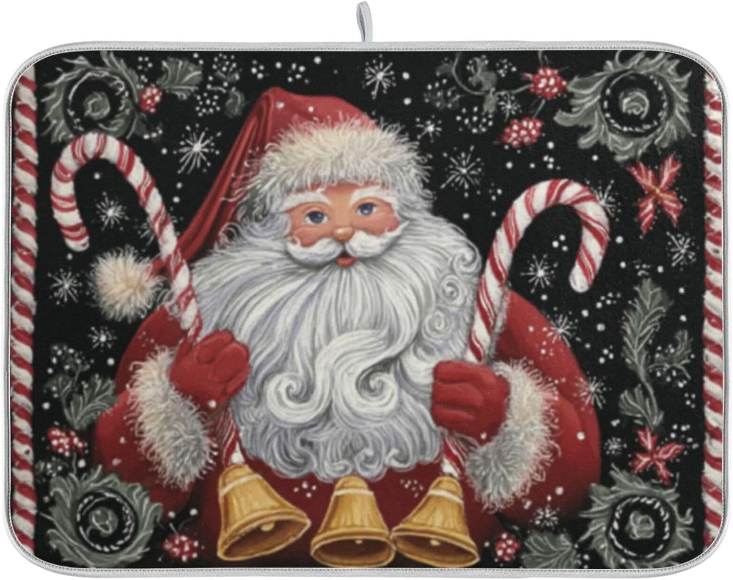 Kcldeci Santa Claus Holding Candy Canes and Bells Dish Drying Mat Kitchen Counter Mat Draining Mat Kitchen Accessories Dish Rack Pad for Dishes, Utensils, Countertops, Sinks 16x18in