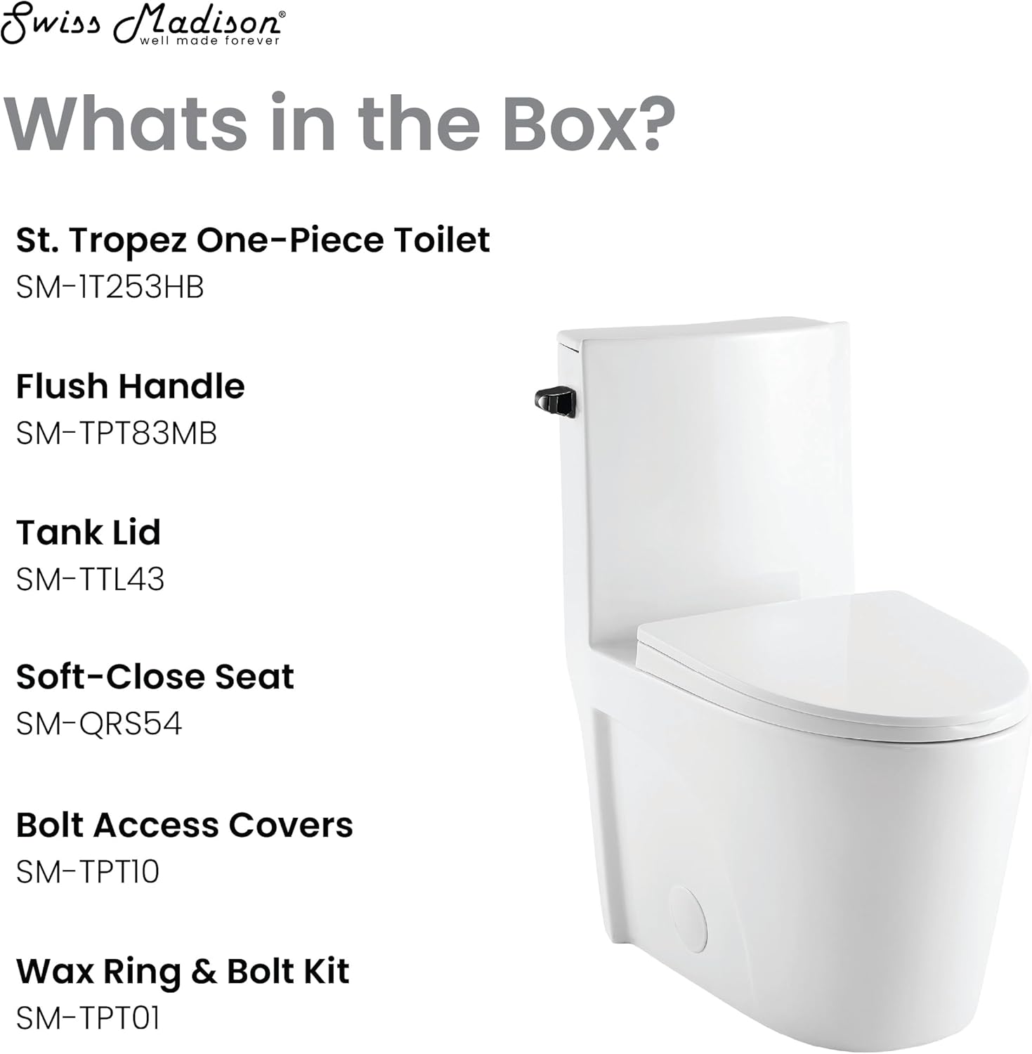 St. Tropez One Piece Elongated Toilet Side Flush 1.28 gpf with Black Hardware