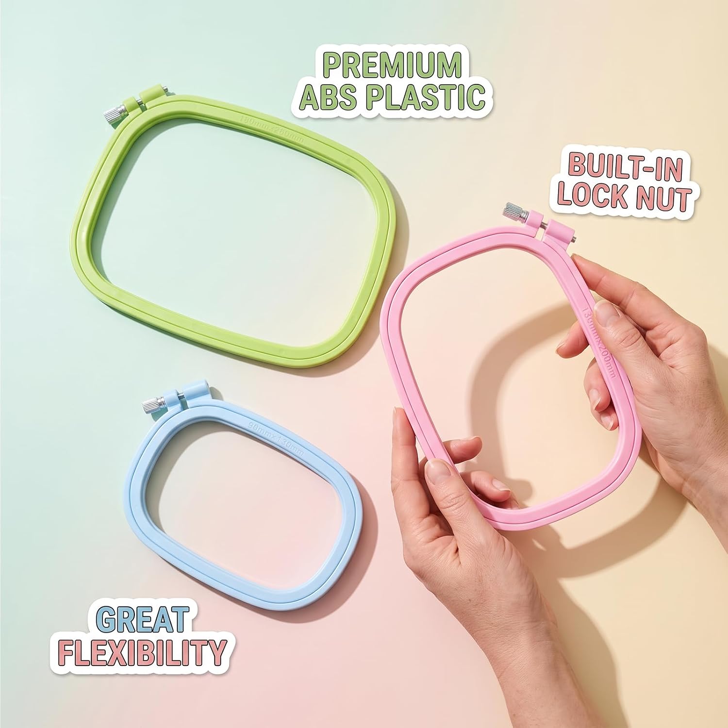 Square Embroidery Hoops 3 Pack 3 Sizes,Plastic Cross Stitch Hoop for DIY Sewing Project,ABS Embroidery Frame for Needlework Craft with Multicolor