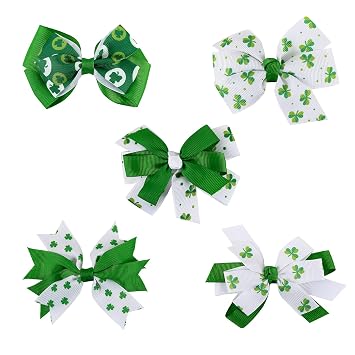 5Pcs St Patricks Day Hair Bow Clips, Irish Green Shamrock Hair Bow Hair Barrette, Handmade Grosgrain Ribbon Bows St Patricks Hair Clips, St. Patricks Day Hair Accessories for Women B