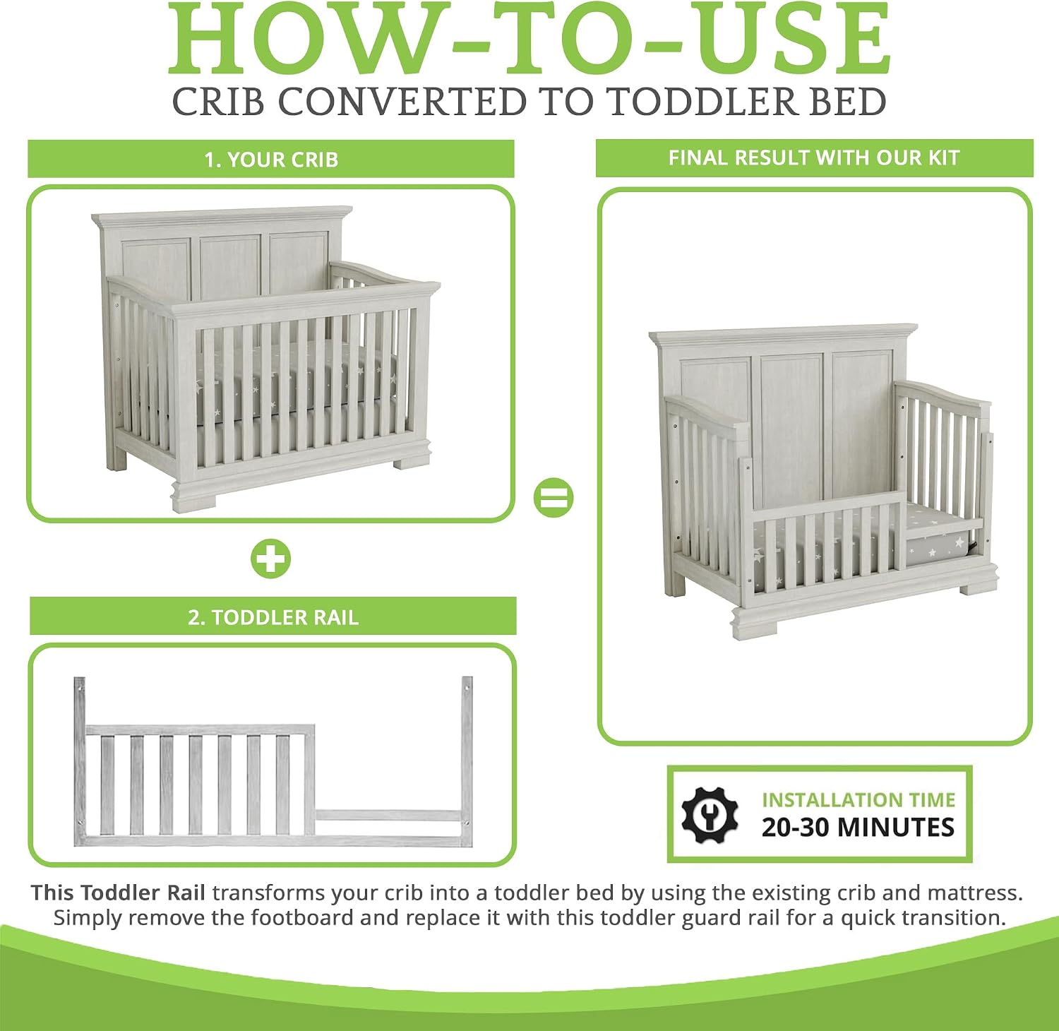 Toddler Bed Safety Guard Rail for Oxford Baby, Soho, Ozlo & Avalon Baby Convertible Cribs – Solid Wood Rail for Toddler Bed Conversion – Safety Rails for Children (Antique Silver, Option 1)