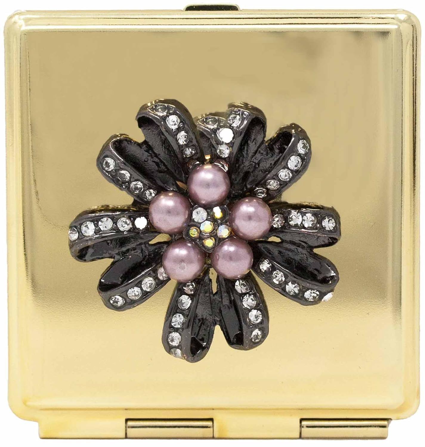 Folding Compact Pocket Makeup Mirror With Swarovski Rhinestone Crystals Double Sided (5x magnification + 1x magnification) (Golden Flower (Square))