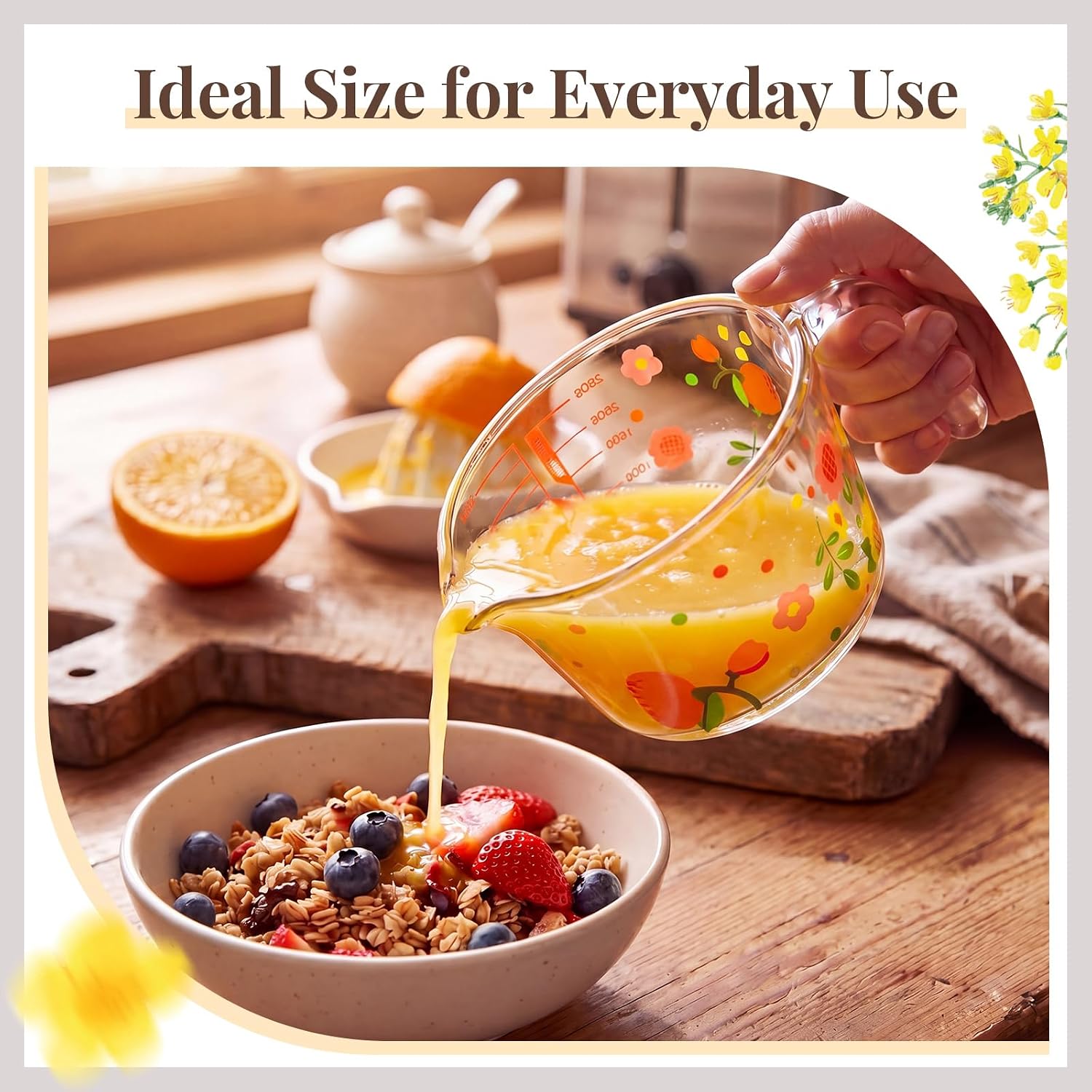 17 oz Flower Glass Measuring Cup with Handle, Cute Floral