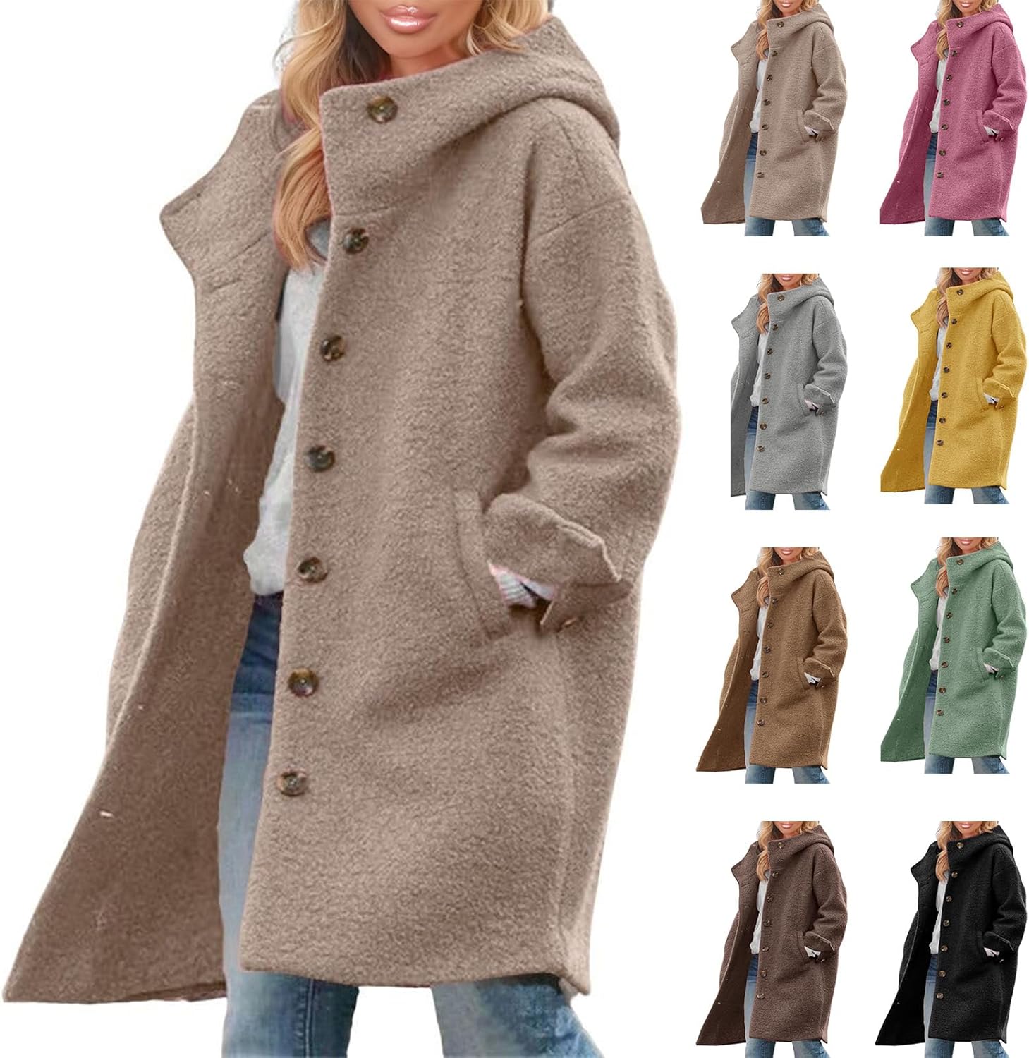 Winter Coats for Women Long Wool Pea Coats Single Breasted Hooded Jacket Trench Coat with Hood Oversized Hooded Blazer - Image 4
