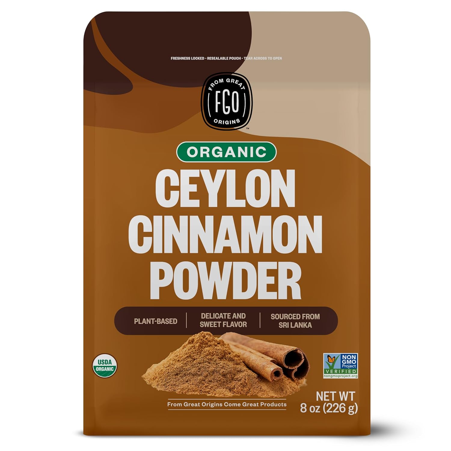 FGO Organic Ceylon Cinnamon Powder, 8oz Pure Sri Lanka Cinnamon for Spice & Seasoning, Great for Baking, Cooking, & Drinks, Additive Free, Non-GMO (Pack of 1)