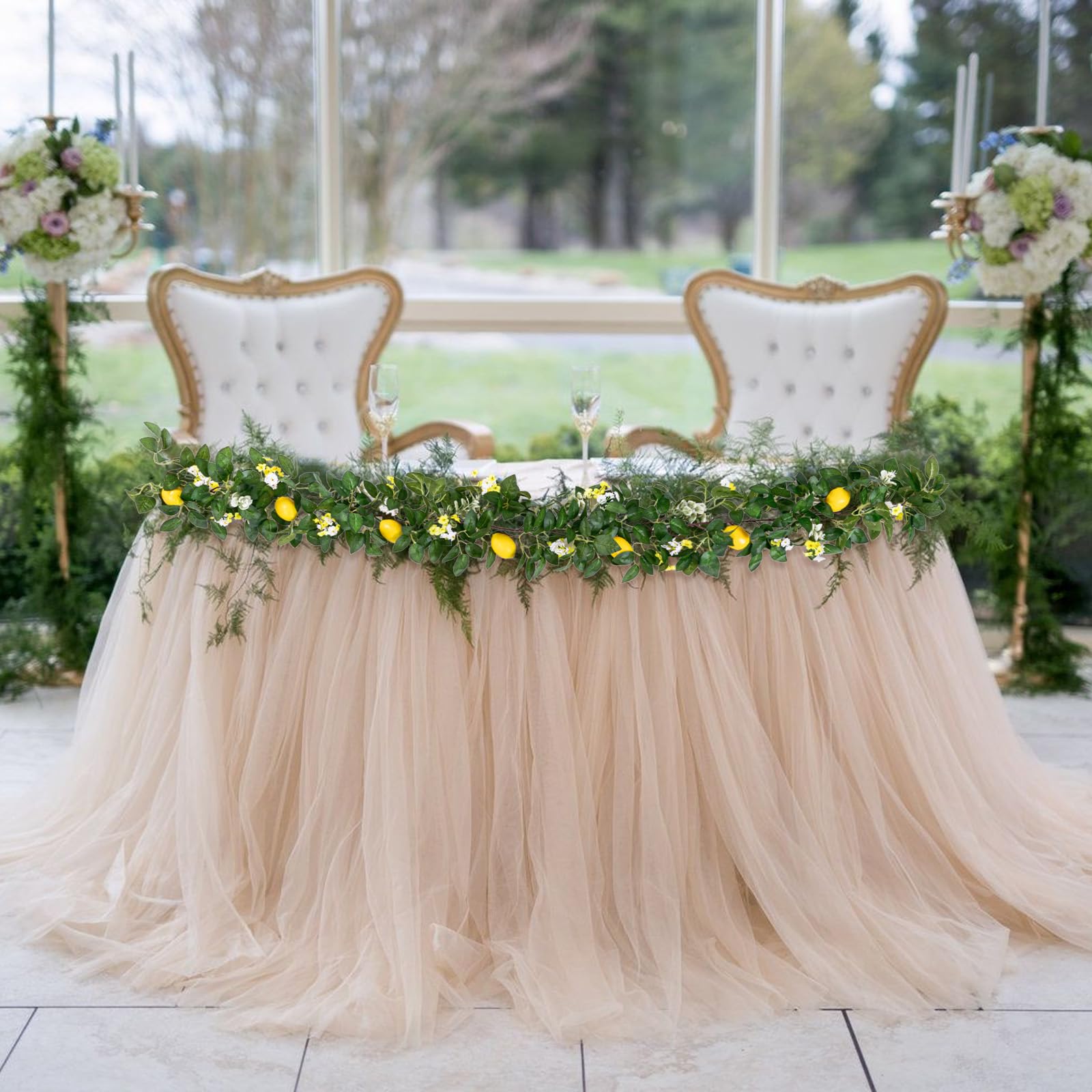 U'Artlines Künstliche Zitronengirlande für Frühling, Sommer, künstliche Obstranken, Girlanden mit Grün, für Tür, Wand, Kaminsims, Hochzeit, Party, Tischdekoration, 2 Stück