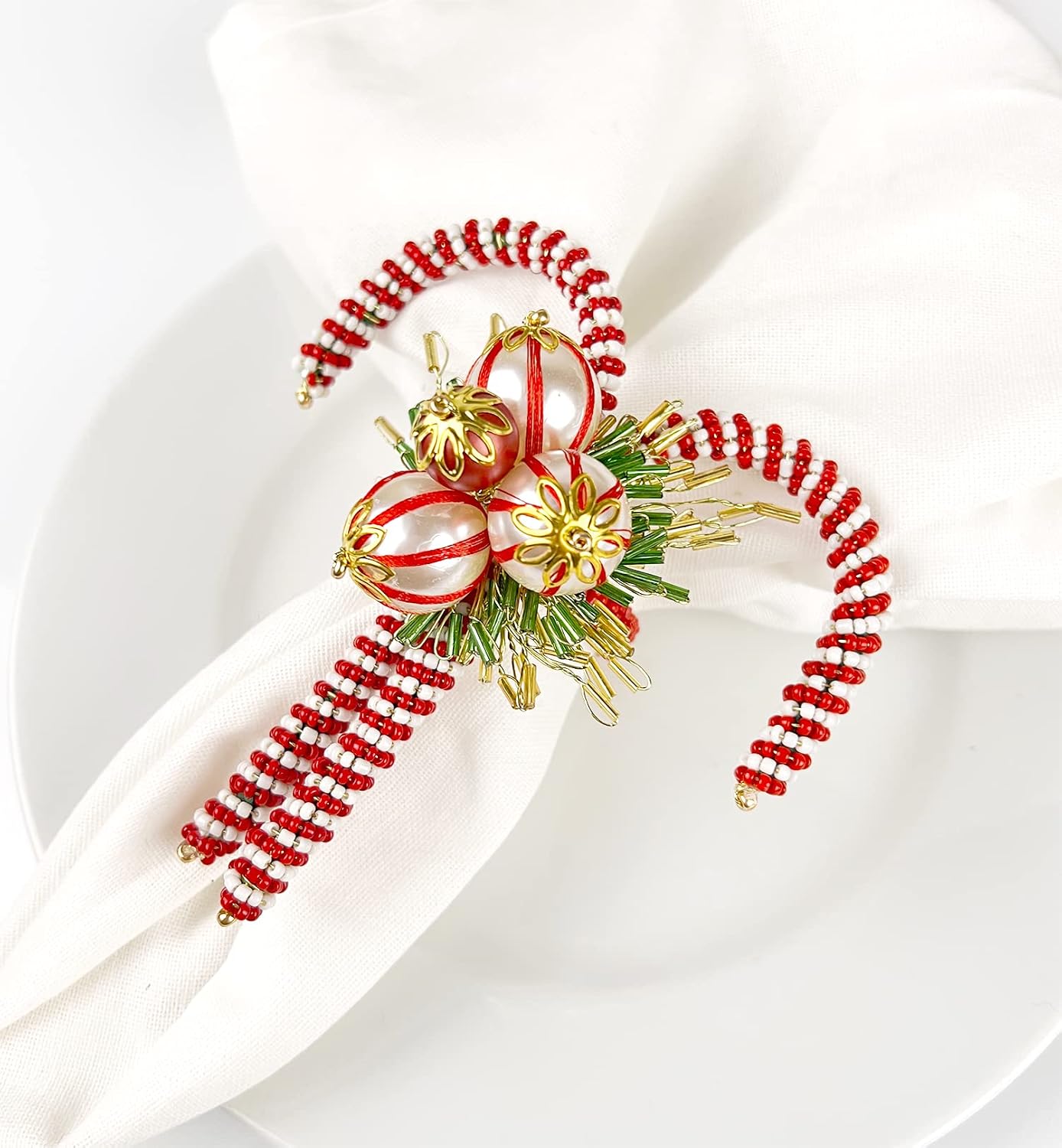 Fennco Styles Hand Beaded Candy Cane Christmas Napkin Rings, Set of 4 - Red & White Glass Beads Napkin Holders for Dining Table Décor, Banquets, Family Gatherings, Winter Holidays, Special Occasions