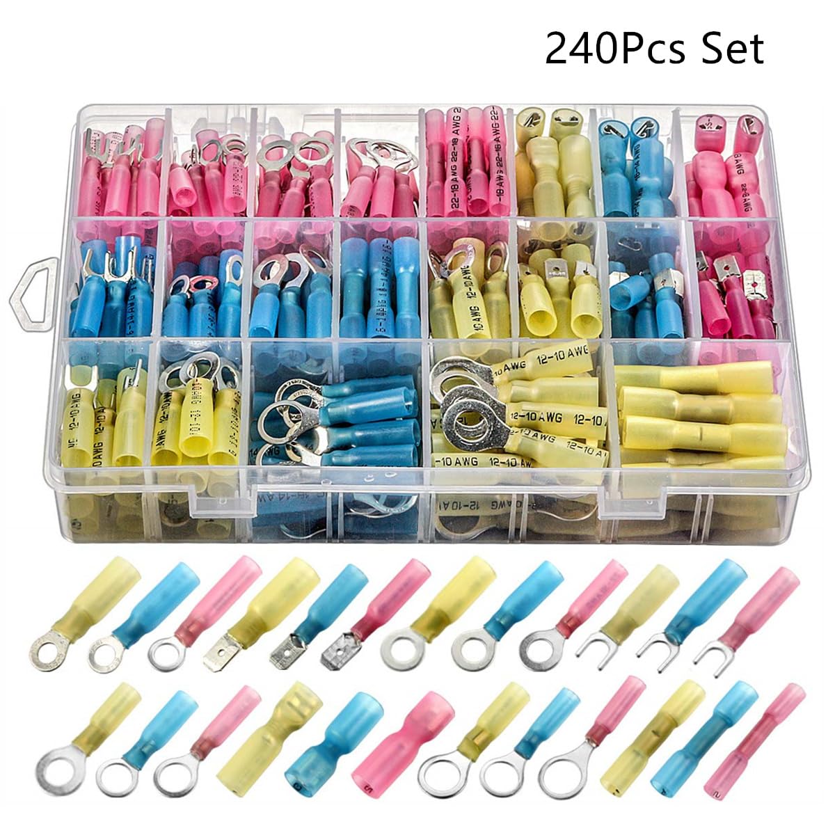 240PCS Heat Shrink Wire Connector Kit Electrical Insulated Crimp Ring Butt Spade Waterproof Marine Automotive Terminals HS-40J - (Color: HS-40J)