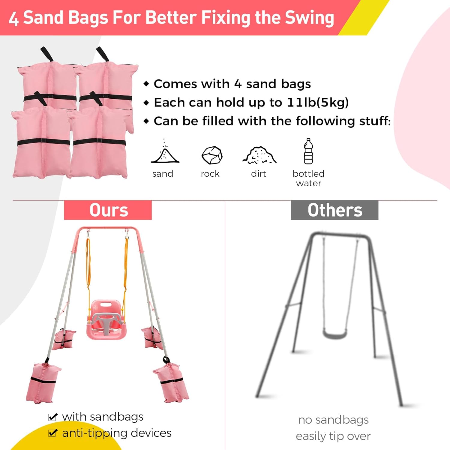 FUNLIO 3-in-1 Toddler Swing Set with 4 Sandbags, Indoor/Outdoor Baby Swing with Foldable Metal Stand, Kids Swing Set for Backyard, Clear Instructions, Easy to Assemble & Store,Pink