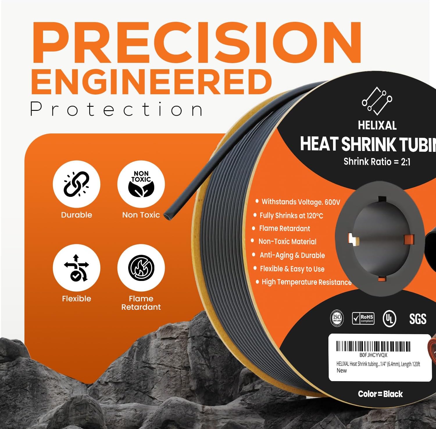 1/4" 6.4mm HELIXAL 2:1 Heat Shrink Tubing, Electrical Industrial Shrink Tube for Wire Insulation, Shrink Wrap Tubing, Electrical Insulation, Flame Retardant Cable Management Spool 120ft