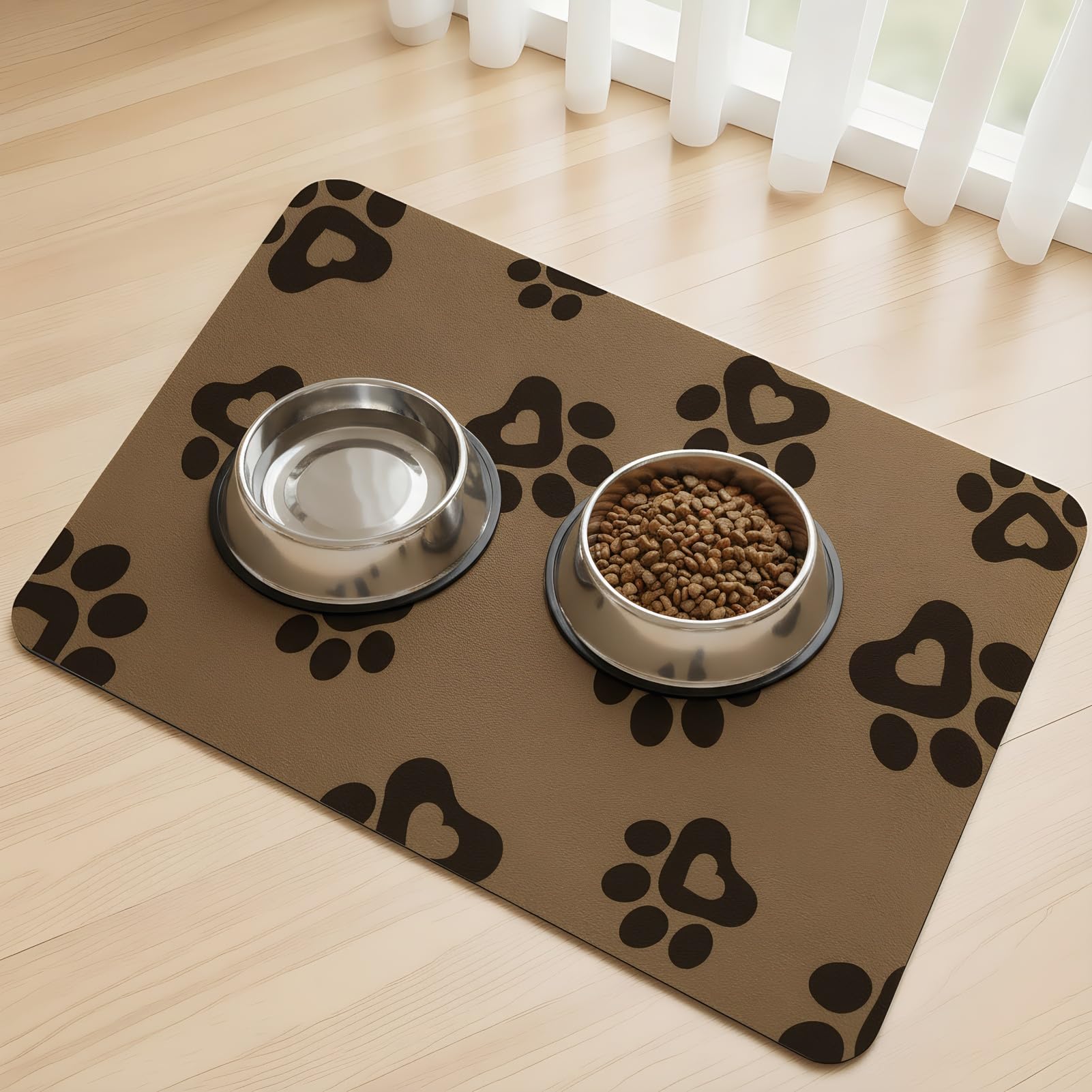 SARTNP Dog Food Mat Water Absorbent Cat Dog Mat for Food and Water Bowl, Non Slip Pet Feeding Mat No Stains Dog Feeding mat, Quick Dry (Brown-Heart Paws, 30 x 50 cm)