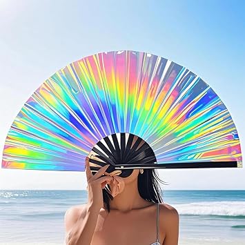 Popping Fans for Line Dancing,Fans for Line Dancing,for Boots on the Ground Fan,foldable Craft Holding Laser Colors Hand Fans,popping Fans Large Holographic Folding Iridescent Clack Hand Fan