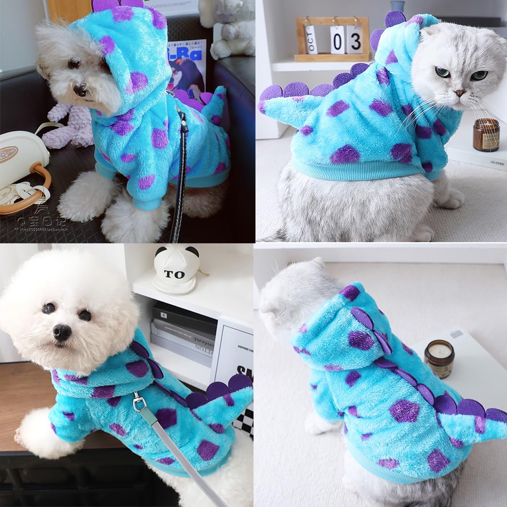Dinosaur Dog Clothes for Small Dog Girl Boy, Fleece Winter Puppy Hoodies with Leash Ring, Cold Weather Coat for Cat, Funny Dinosaur Costume for Christmas Halloween. (Blue-2, X-Small)