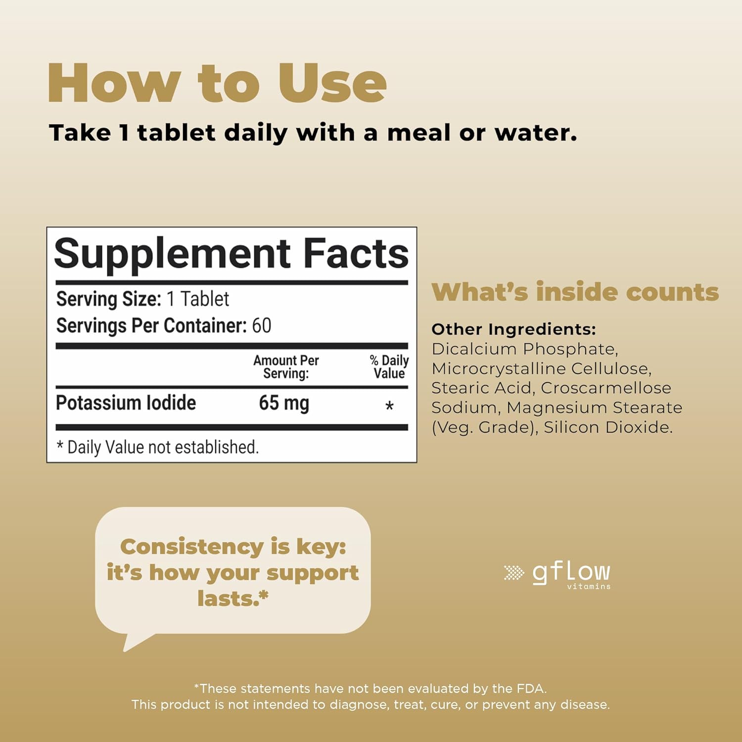 Gflow Vitamins Potassium Iodide 65 mg per Tablets - KI Tablets - USA Made Potassium Iodine Pills YODO Naciente, Yoduro de potasio - Exp 05/2029 : Health & Household