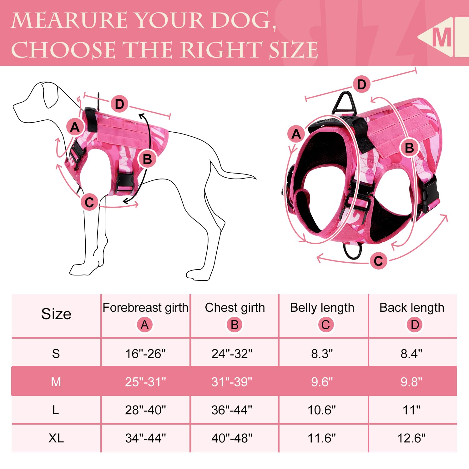 Qlfyuu Tactical Dog Harness for Medium and Large Dogs, No-Pull Harness with Handle, Adjustable Dog Tactical Vest Harness with 2X Heavy Duty Buckles, Pink Camo, M