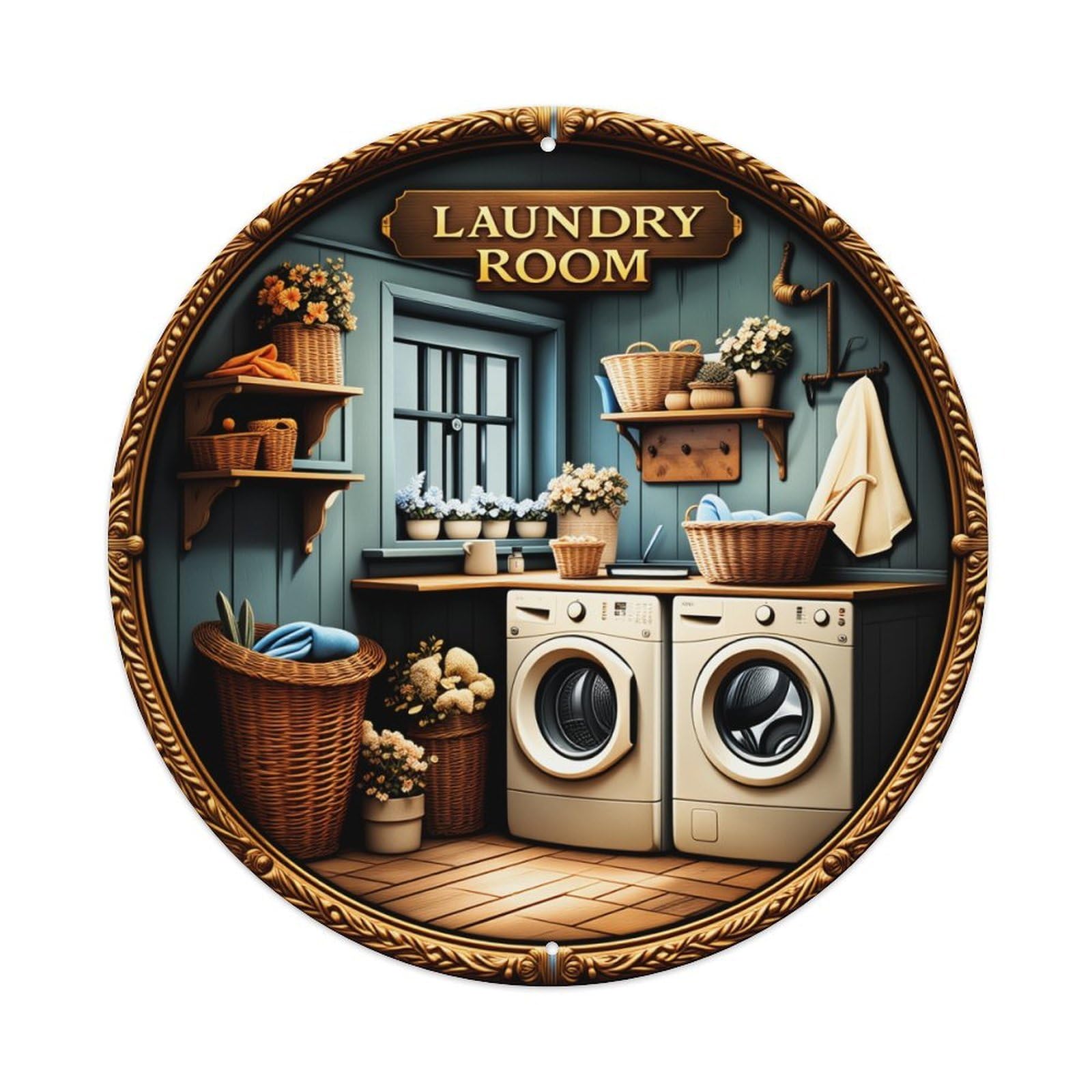 Laundry Room With Washing Machines And Baskets Round Vintage Tin Sign,Retro Wall Art,Metal Poster for Home, Bar, Garage, Cafe, Rustic Indoor & Outdoor Decor, 8x8 Inches