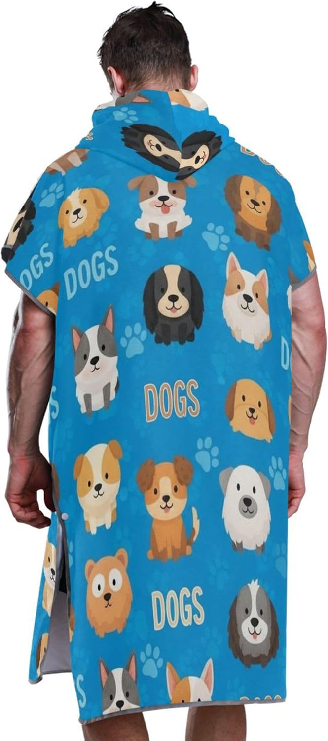 Cute Cartoon Dogs Blue Surf Poncho Changing Robe for Adults Reusable Womens Ponchos with Hood Hooded Beach Towel Print One Size
