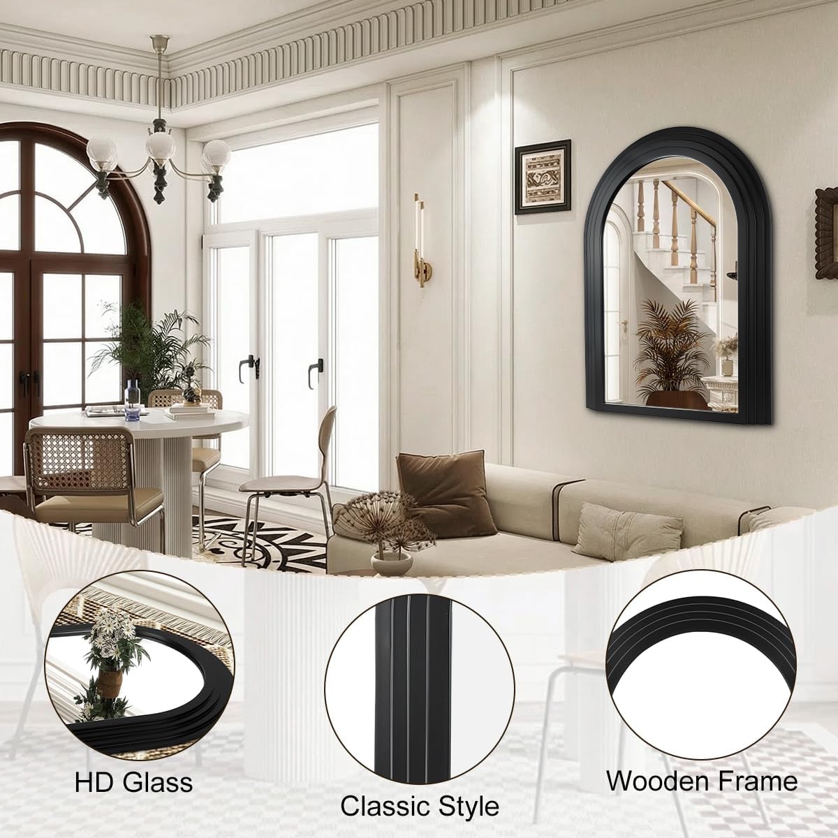 Arched Decorative Wall Mirror, Farmhouse Wall Mirror with Multilayers Wood Frame,Vintage Black Bathroom Mirrors for Bathroom, Living Room,Bedroom, Entryway, Hallway,Foyer