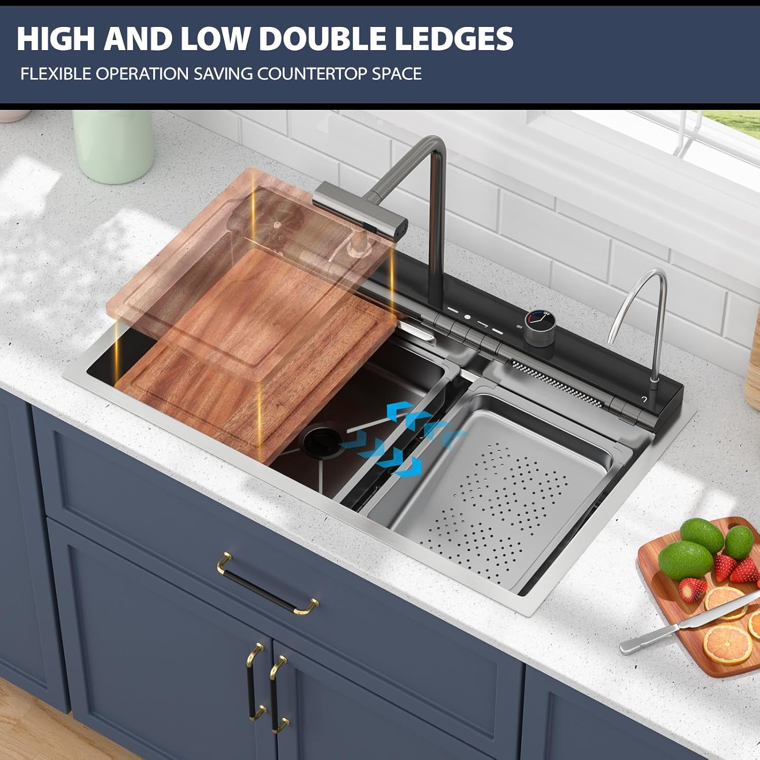 33 Inch Smart Waterfall Kitchen Sink - Beslend 33x19 Stainless Steel Drop In Waterfall Sink Topmount Workstation 16 Gauge Modern Sinks Single Bowl with Faucet, Cup Washer and Digital Display