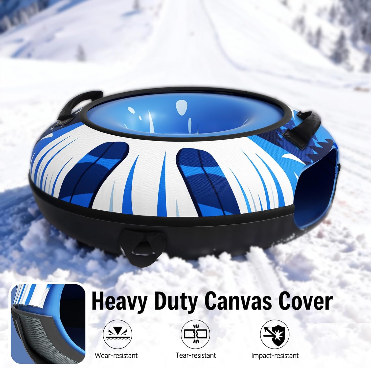 Snow Tube Sled with Premium Canvas Cover, Heavy Duty Snow Tubes for Sledding, 47" Inflatable Snow Sled for Kids & Adults, Towable Design with Reinforced Bottom Protection Layer, Winter Outdoor Fun