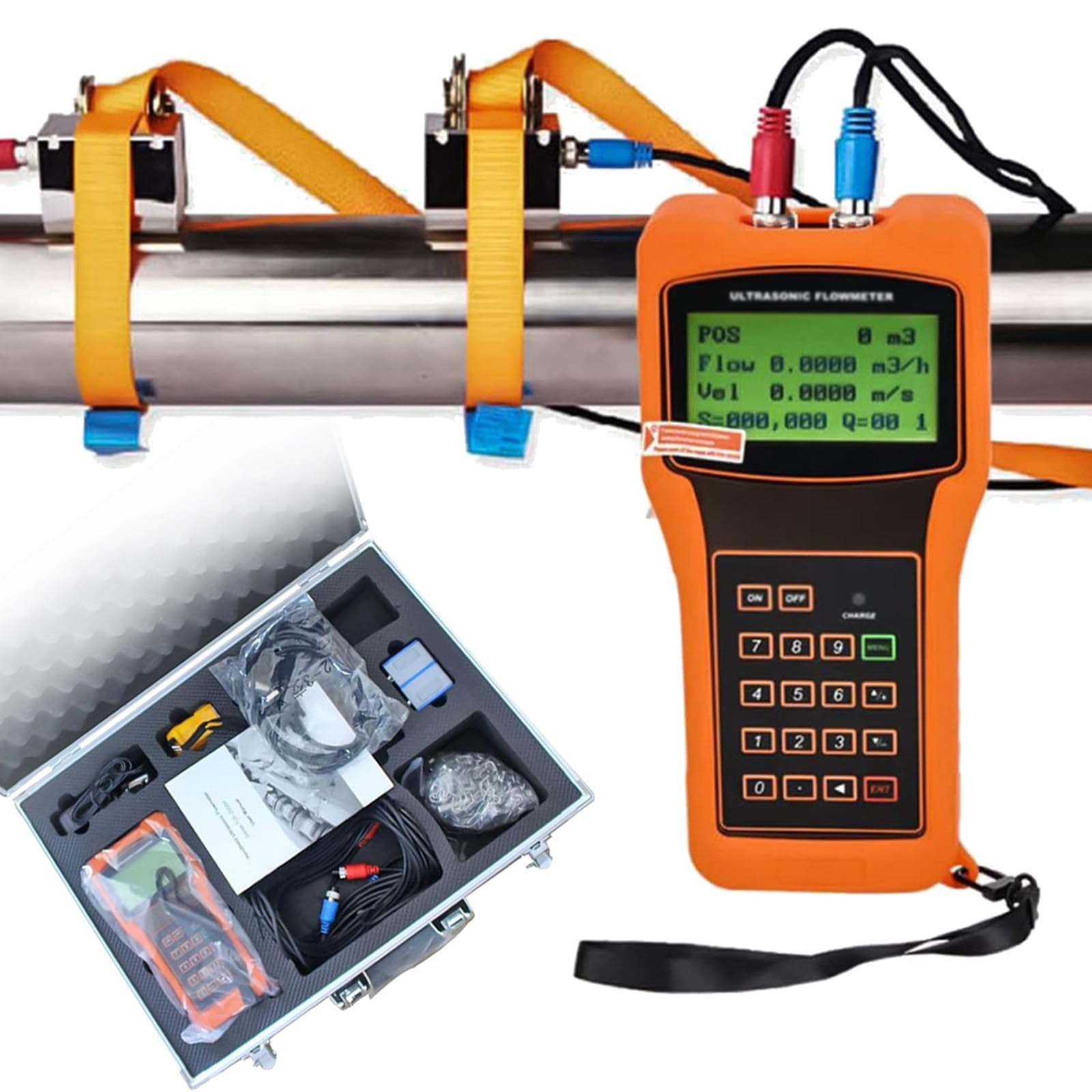 JIANGYUXINLI Handheld Ultrasonic Flow Meter, Portable Clamp-On Flowmeter, Non-Intrusive, 6 Sensors (High/Low Temp TS-2, TM-1, TL-1), DN15-6000mm, 2000-Row Log, 12Hr+ Battery, ±1% Accuracy