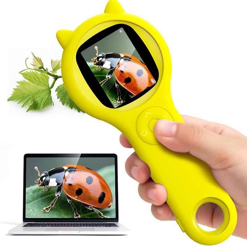 Microscopio para niños para vacaciones de verano, microscopio digital portátil 500X con pantalla IPS de 2 pulgadas, juguete STEM Beach Nature Discovery para niños de 5 a 12 años (amarillo)