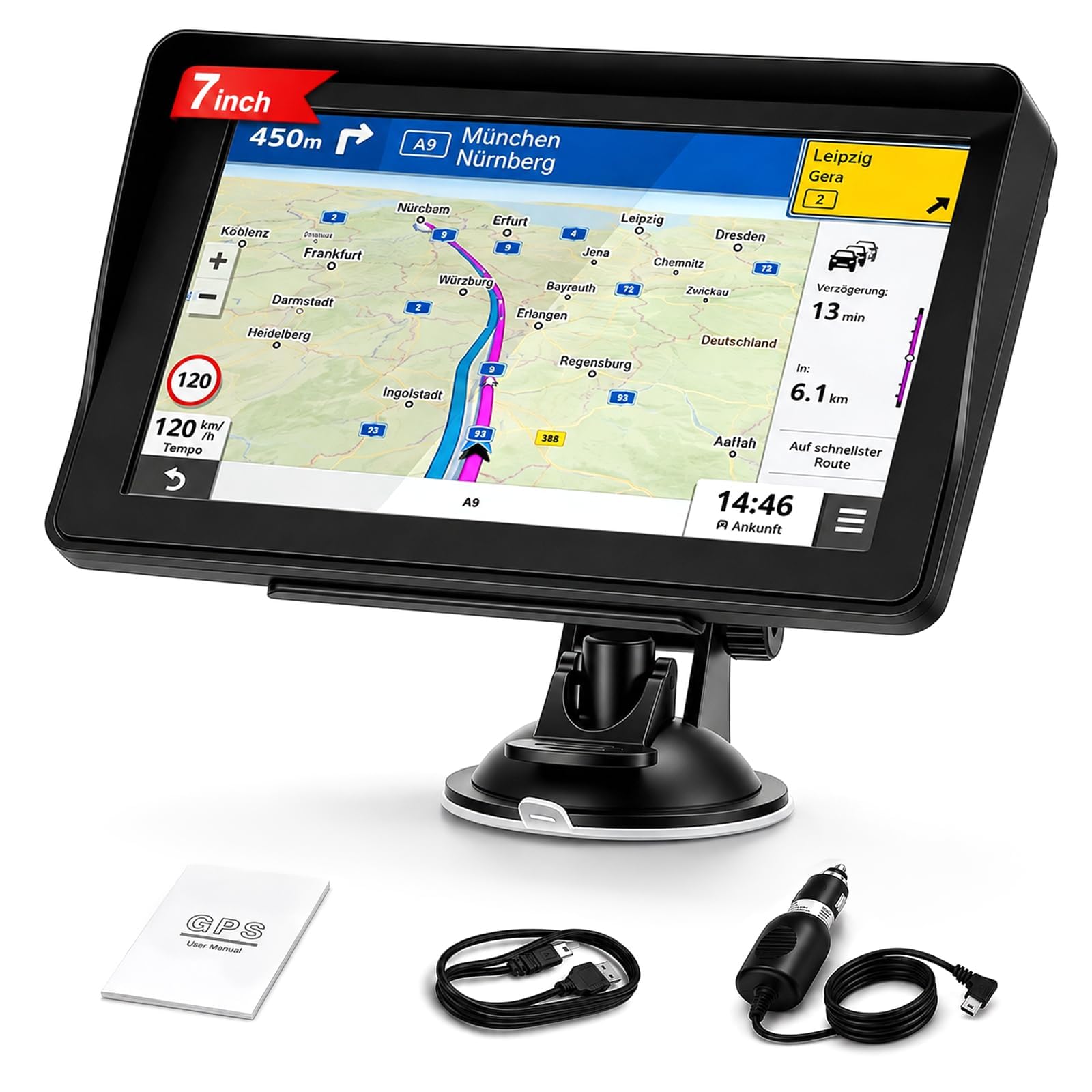 7" Navigationsgerät für Auto & LKW, Radarwarner, Kartenupdate | LKW-Routen zur Brückenvermeidung; 12 GPS-Kanäle für starkes Signal; Radarwarner; 7" HD-Display; Inklusive Anleitung