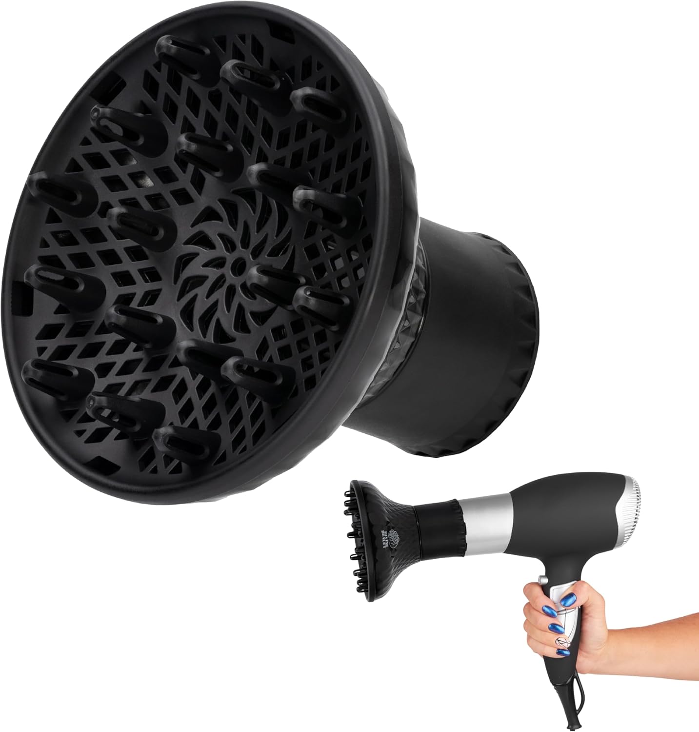 BELLEZZA DIVINA – Diffusore per Capelli Ricci in ABS Nero – Ideale per Tutti i Capelli – Regolabile per Asciugacapelli da 4,3 cm a 6,5 ​​cm
